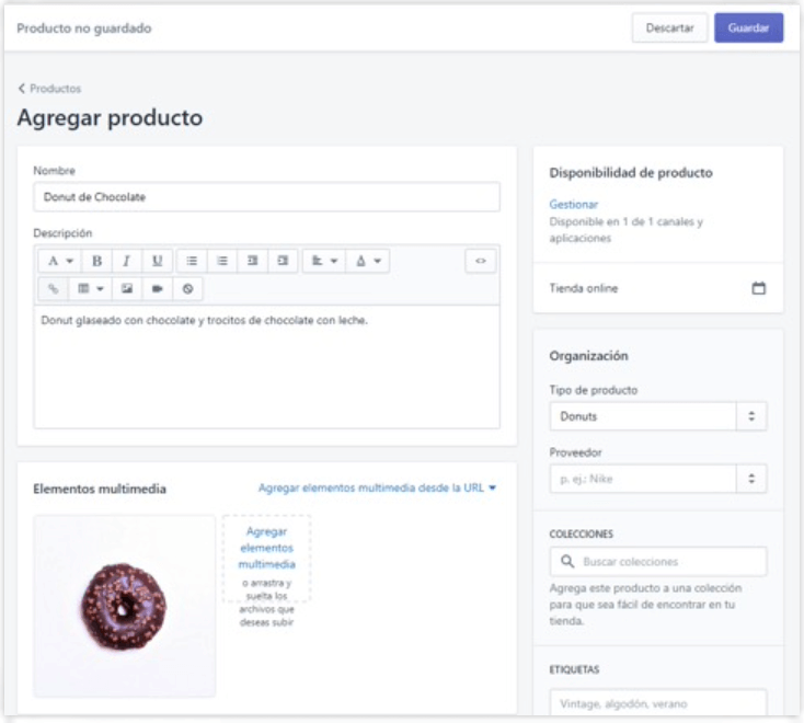 Pantalla de productos Shopify